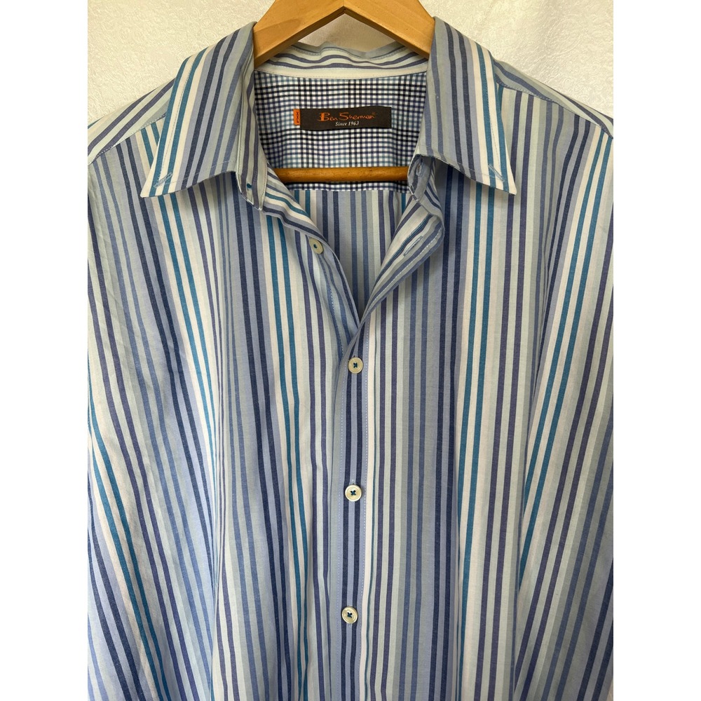 Ben Sherman Preppy Men Blue Stripe Long Sleeve Button Down XXL Cotton‎ Casual - Picture 3 of 6